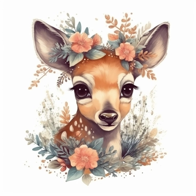 A cute baby deer, with beautiful big eyes, vectorial clipart, sublimation, vegetation around, flowers on the head