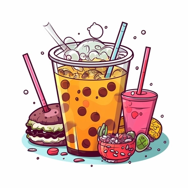 bubble tea with snacks fastfood elements Clipart, White Background, vector style sticker ar 1:1