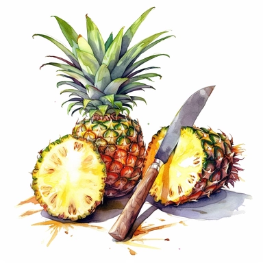 watercolor, white background, no text, no stains, clarity picture, high quallity, dynamic colors, High-Resolution, Color Preservation, Noise Reduction, Sharpness Boost, Saturation Control, The clipart depicts a vibrant pineapple that has been sliced in half by a sharp knife. The knife is positioned precisely between the two pineapple halves, forming a striking composition at the center of the clipart. The pineapple exhibits its recognizable texture and golden color, with its spiky green crown vi