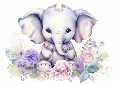 watercolor cute little baby elephant holding a romantic flower, in the style of light silver and light purple, victorian-inspired illustrations, nature-inspired pieces, 5 sets of clipart of different playful compositions, plush doll art, high resolution, isolated on a white background