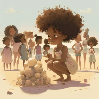 pixar , disney illustration of Sag Harbor , An illustration of fiver year old light skin Harper a happy black girl with curly afro, arriving in sag harbor ,standing looking at a group of children making other sandcastles in the competition , from the community's stunning Sunset Beach, east hampton , summer vaction, beach town , summer days , muted tones , shy warm heart , pixar , hyper detailed , smooth skin realistic animated — Happy Black Girl Smiling art,black girlsclipart, Funny black girl ,
