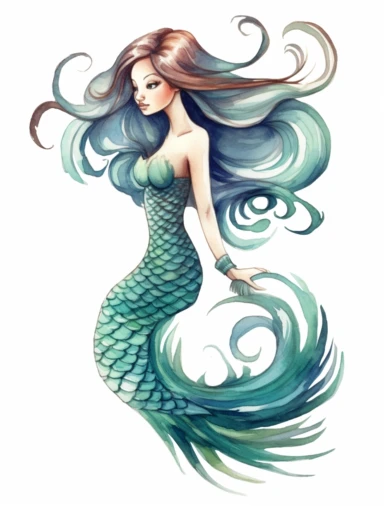 Brush pen and watercolor drawing of a Mermaid, isolated on white background, clipart, png
