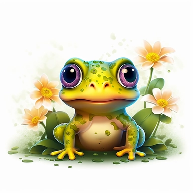 cute yellow frog with big round eyes flowers, Illustration clipart, 4K, extremely detailed