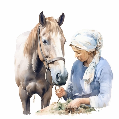 realistic watercolor drawing of a farm woman taking loving care of a pony on a charming farm, on a white background where the background will be removed to repurpose as a clipart.