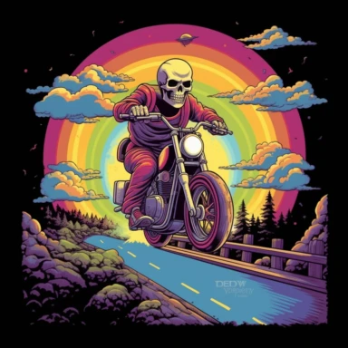 In the captivating clipart against the backdrop of a clear sky, a mesmerizing midjourney narrative unfolds. Here, a skull-headed motorcyclist defies gravity, riding atop a vibrant rainbow that stretches across the heavens. This enchanting image invites you to explore a tale of boundless freedom, dreams, and the exhilarating pursuit of the extraordinary. As you immerse yourself in the clipart, the skull-headed rider commands attention with their fearless presence. Their motorcycle effortlessly gl