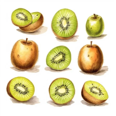 Draw a set of playful and colorful, watercolor style illustrations of kiwis, evenly space elements for clipart, white background