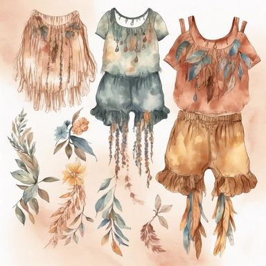 *Design a watercolor clipart featuring bohemian-style baby cloth such as flowy dress, romper, and fringed vest. Use earthy tones and delicate lines to capture the free-spirited vibe, white background