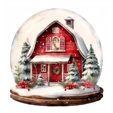vector watercolor winter christmas barn decorated in Christmas style decor snowglobe clipart on white background, winter christmas barn inside snowglobe, photorealistic, ultrarealistic, no background, on white