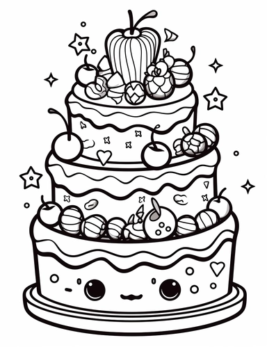 Kawaii-style layered cakes with colorful frosting and cute decorations like sprinkles and cherries For Simple Coloring page,line art, thick lines, black and white,clipart, illustration, on white background,margin Page 10px