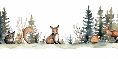 a woodland doodle border for winter, cute, watercolor, clip art style