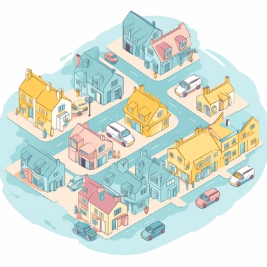 map with some houses and oversized garages and storage units, some cars flat illustration stylized clipart, for landing page, light blue, yellow, Kawaii Pastel, white background, high resolution