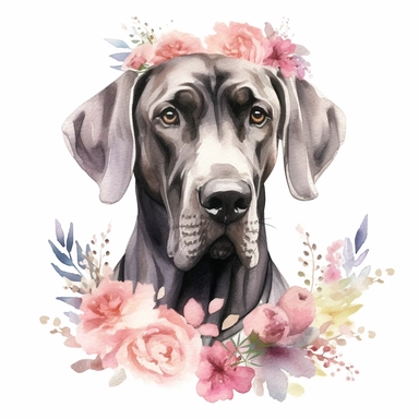 Great Dane wearing a decorative collar adorned with flowers, symbolizing its elegance and grace, against a soft pastel background, white background, watercolor clipart.