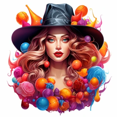 Sharp Illustration of a fantasy sweet candy witch clipart aginst white background in watercolor style, majestic scene, beautiful witch, sweets, vibrant colors, bubble gum, colorful candies, illustration style, vibrant colors, unreal engine 5, detailed illustration, high resolution, high quality, solid white background