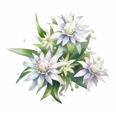 Edelweiss Bouquet Beautiful Realistic Creative. Emotional. Detailed, cartoon clipart watercolor. Artistic Creative Clipart. Isolated white background. Charming