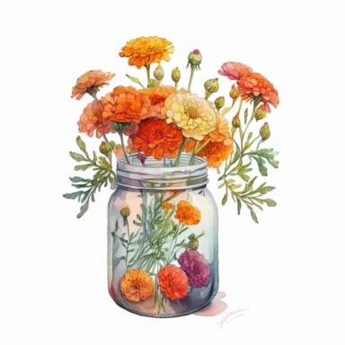 [1698708546] Watercolor clipart. A lively watercolor composition showcasing a bunch of marigolds gracefully arranged in a transparent glass jar.. White background. No text. No caption. No logo