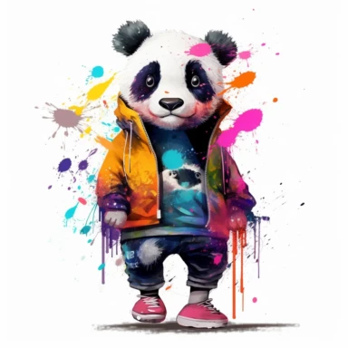 please create pixar style character clipart of a Panda dressed like KPOP, front view, new era digital art, splashed colourful