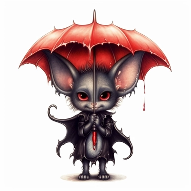 Cute Adorable magical little Devil with black wings holds a umbrella in his hand and wears a raincape and stand in the rain on a country road, clipart, photorealistic illustration, watercolor, high detail, 8k polished, 8k, vibrant colors, sticker, majestic, die cut, Black and Red color, white background