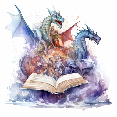 Fantasy book with Dragon Riders: Bonding with majestic dragons to defend realms and conquer evil, watercolor, clipart, white background