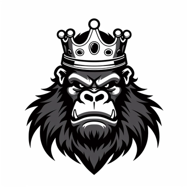 A playful iconic logo of a modern cartoon animated angry gorilla with a crown. Black Vector on a white background. Vector Art, Emblem, sticker, clipart, t-shirt design, no color