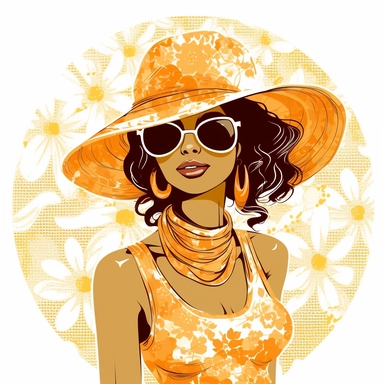 Fashion girl African American illustration clipart isolated white background, characterized by a vibrant sundress adorned with floral patterns, accompanied by a broad-brimmed sun hat with a lacy ribbon and oversized, heart-shaped sunglasses, set against a pristine white background, ambiance of the illustration suggests a carefree summer day with a whiff of retro nostalgia, Digital Art, vector graphic with emphasis on bold outlines and a splash of warm, pastel flat colors,