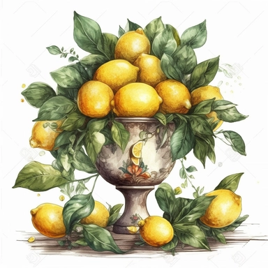 realistic vase full of lemons with leaves, standing on the vintage table, vintage, very detailed, hipster style cafe, white background, still life photography, food photography, dessert photography, dreamy, clipart, watercolor illustration style