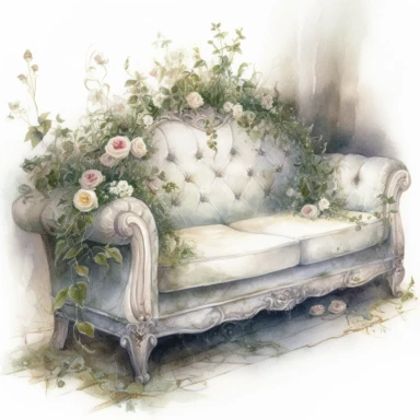isolated on white illustration watercolor art of a beautiful little white cozy sofa in the kitchen, overgrown with white and light pink roses and flowers, covered with snow and ice, a lot of moss and branches, lace and embroidery, masterpiece by Tomasz Alen Kopera style and by Carl Holsoe style and by Hannah Dale style and by Alexander Jansson style, Baroque Architecture, PNG clipart, isolated on white, white background, extreme photorealistic details, 32k HD resolution, realistic high detailiza