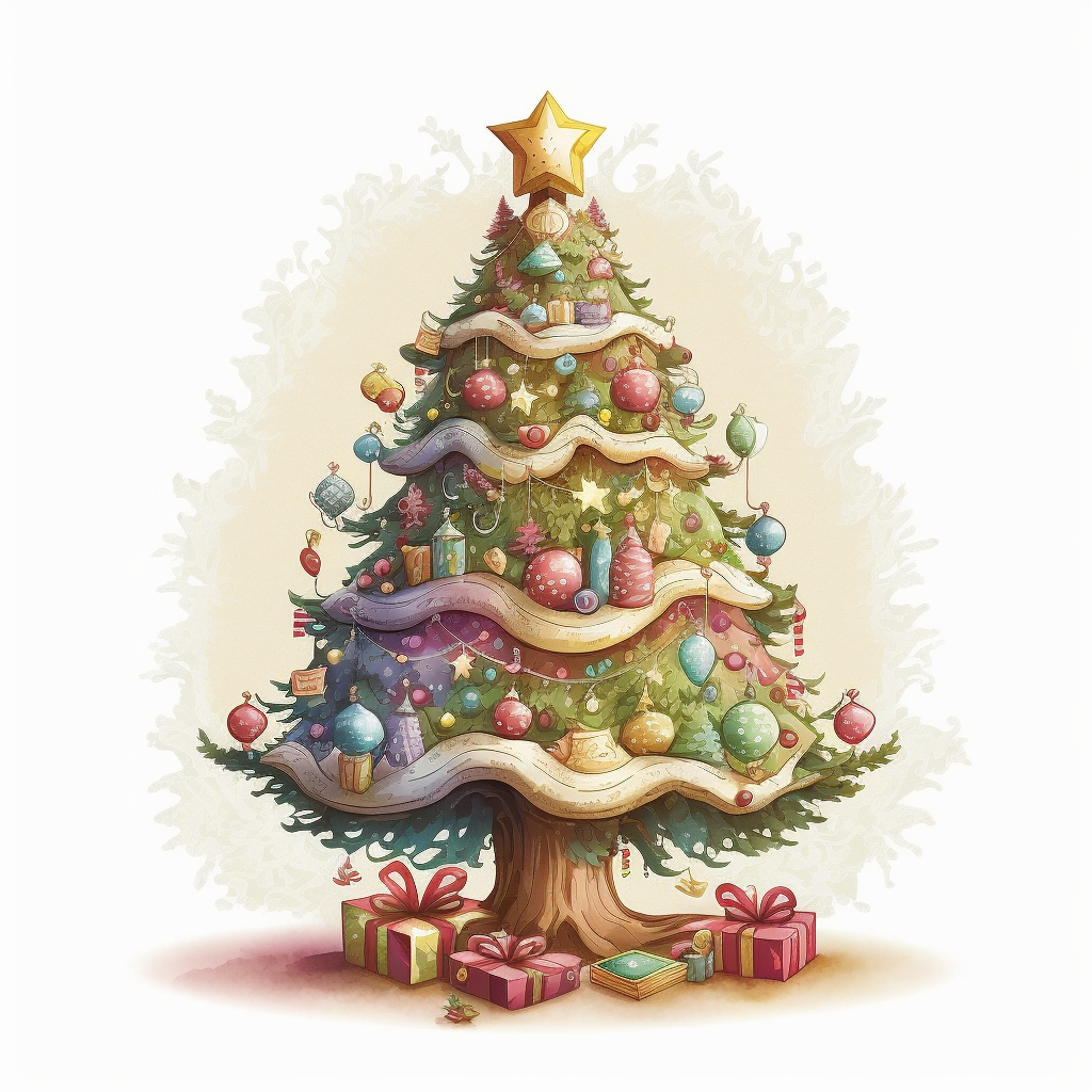 Children's picture book illustration style Christmas tree, colourful ...