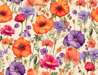 Vintage seamless pattern of red poppies, orange marigolds, pink cosmos, purple coneflowers, and white baby's breath flower mix pencil sketch, ephemera paper design with ornate illustrations, vintage, distressed textures, muted colors, craft paper texture, handwriting lines in background, pen and ink on paper with watercolor washes Watercolor, vector, white background, rice paper texture, clipart, Seamless patterns, repeating patterns design, flat illustration, outlined , Vector, 4K, Art station,