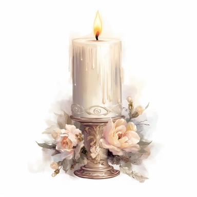 Wedding candle, clipart, white background, in the style of elegant realism, muted and subtle tones, detailed painting, transparency and lightness