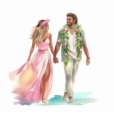 Watercolor wedding clipart of a bride in a beach wedding dress with a flower crown and a groom in a Hawaiian shirt , watercolor style clip art, in the style of light magenta and light emerald