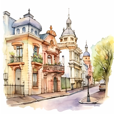 Very cute and Whimsical street of Buenos Aires, cute houses, beautiful, colorful, Alberto J. Armando Stadium (La Bombonera), Casa Rosada, and Recoleta Cemetery, Watercolored illustration in the style of Michael Powell, clipart, white background