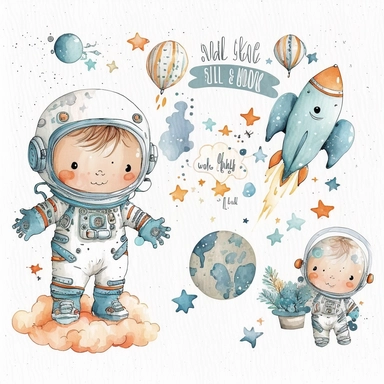 Space watercolor nursery baby boy clipart cute astronaut planets rockets no text