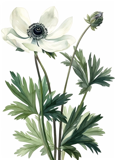 Anemone leaves Clipart, watercolor style, white background