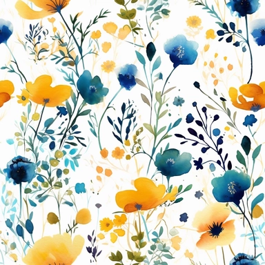 seamless pattern, painting of delicate cute summerflowers, vibrant colors, yellow and blue, single flowers, watercolor watercolour, clipart, pattern designs, animated gifs, simplistic, minimalist, abstract