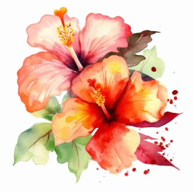 Watercolor Tropical Hibiscus Clipart by Thomas W. Schallerof: A vibrant and exotic design featuring tropical hibiscus flowers in shades of pink, orange, and red on a white background. The flowers are different-size and bold, while the leaves are thick and tropical, creating a lively and festive composition