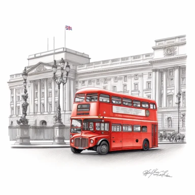 vibrant london red bus driving past Buckingham Palace detailed colourpencil drawing clipart svg white background