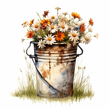 Bucket of Wildflowers Clipart, rusty, old in grass, white background
