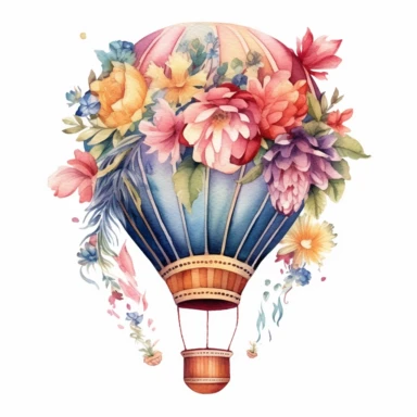 Fairy floral hot air balloon, hand drawn Illustration clipart, 4K, extremely detailed, watercolor
