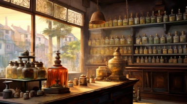 illustration, realistic interior of a vintage mumbai 1896 perfumery and pharmacy with some perfume bottle boxes incense boxes, atmospheric sunset lighting, Clipart, watercolor, realistic, full building, highly detailed, hdr, 32K, photo expert quality, watercolor realistic, hyperrealistic and highly detailed