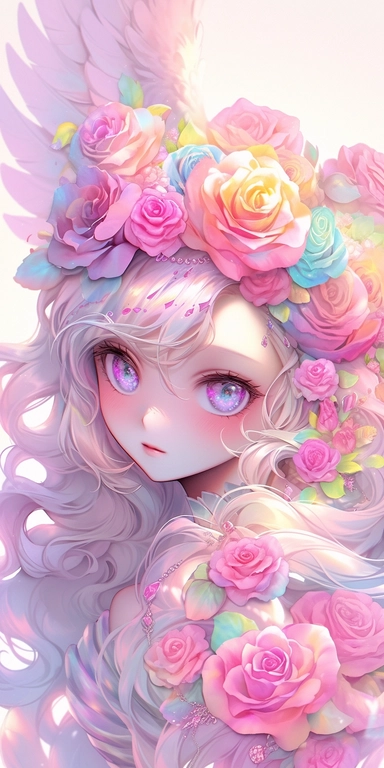 pastelcolor beautiful wild roses fantasy, Angel girl with beautiful face and big eyes with rainbow feathers, angel wing, chibi kawaii animated style, vivid vibrant colors, intricate detail, hyper detailed, hyper quality, 32K, unreal engine, isolated on white background, kawaii, clipart