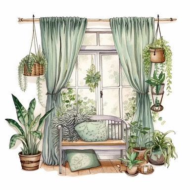 A boho style home dressing room with watercolor effect, boho style tools, boho style big window, , boho style details, boho colors, suitable for digital clipart, white background, boho style green plants, boho flowers