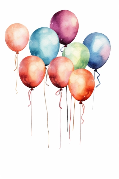 6 different watercolor balloon bundles tied with ribbons, clipart, hd, isolated, spaced out, on white background,