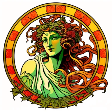 beautifal Medusa, art nouveau, bright colours, clipart, centred, white background