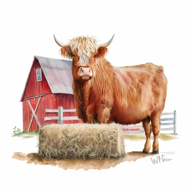 Highland Longhair Cow standing on a hay bale, with a red barn in the background, Watercolor, Clipart, sweet, cute, transparent background PNG
