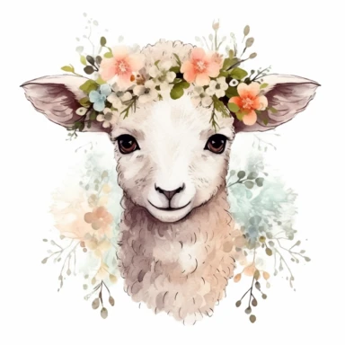 floral cute lamb clipart, original hand drawing, watercolor, understated and flawless for t shirt and cup printing, happy cute smily, transparent background, realistic painting, portrait without writing , style of the artwork, mood of the artwork, vector, contour , white background, 8K quality, ultra detailed , without signature and without meaningless lines, clipart, white background, High Quality, no writting background, no writting, ultra detailed, no symbol, without logo and emblem