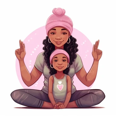 cute black chibi mommy and daughter doing yoga, smiling and wiearing a pink cap, clipart, childrens book charachter, must have correct number of fingers and toes