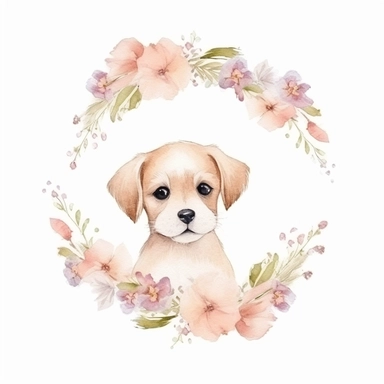 A cute dog in a dainty minimalist floral wreath, watercolour, magical, clipart, isolated white background, 8k