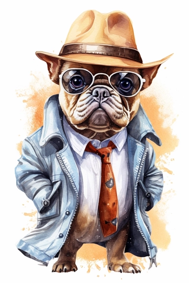 frenchie bulldog baby gangster, cute, adorable, unique, watercolor, clipart, high quality, realistic, 8k