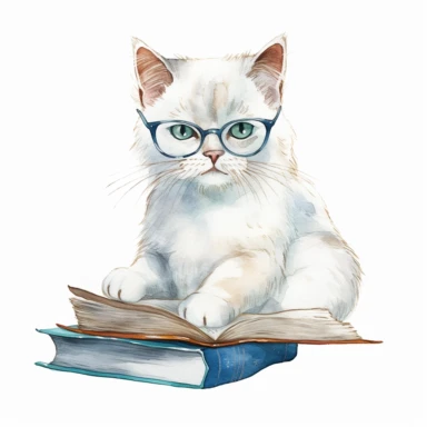 White Cat Reading Book ,Nerdy Cats Wearing Glasses, Watercolor Clipart, 8k, White Background