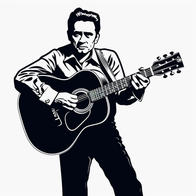 Johnny Cash playing guitar, full body, coloring book, monochromatic blue, icon, vector, flat color, clipart, red background